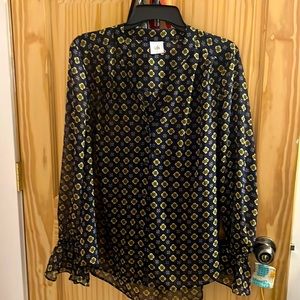 Navy blue with yellow print CABI blouse